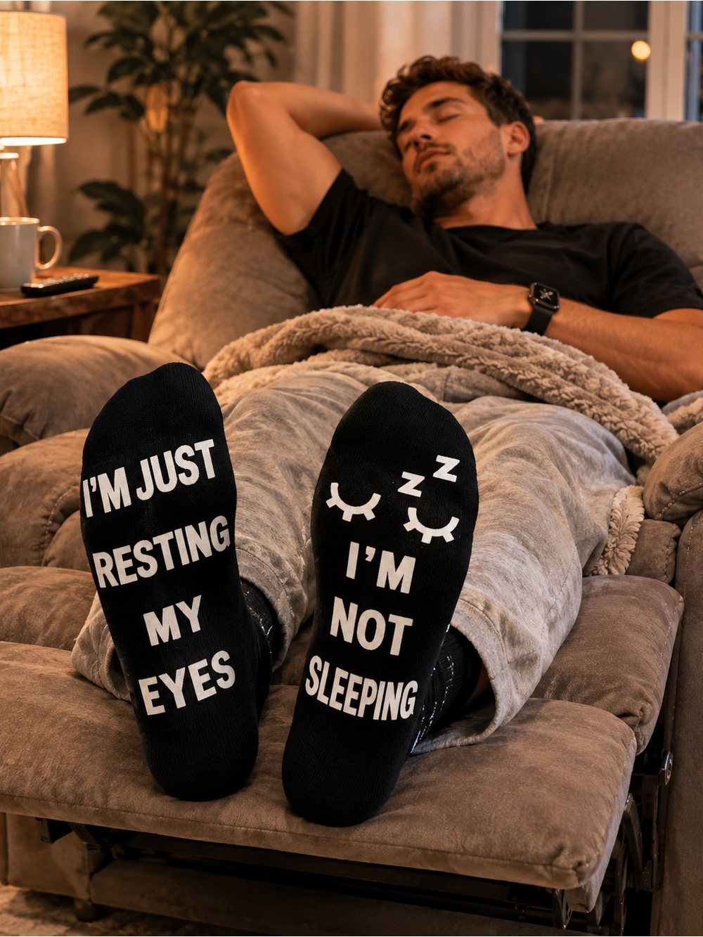 Black Novelty Mens Crew Socks - 'I'm Just Resting My Eyes I'm Not Sleeping'